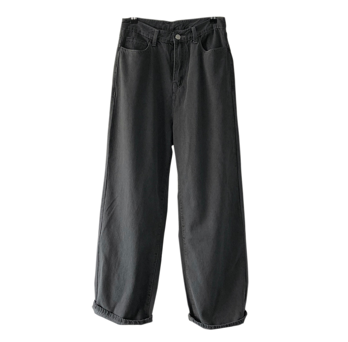 烟灰色柔软帅气高腰宽松休闲阔腿牛仔裤女长裤