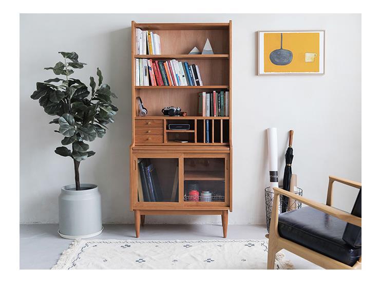 北欧实木樱桃木书柜书架置物架现代简约客厅展示柜多功能抽屉柜(图5)