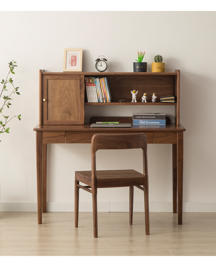 北欧工厂简约黑胡桃木书桌家用日式小户型书房实木樱桃木写字桌(图3)
