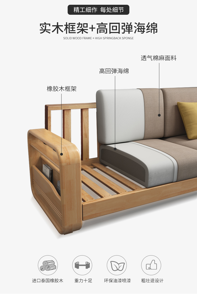 北欧创意全实木沙发组合带拉床多功能两用转角贵妃沙发现代简约(图2)